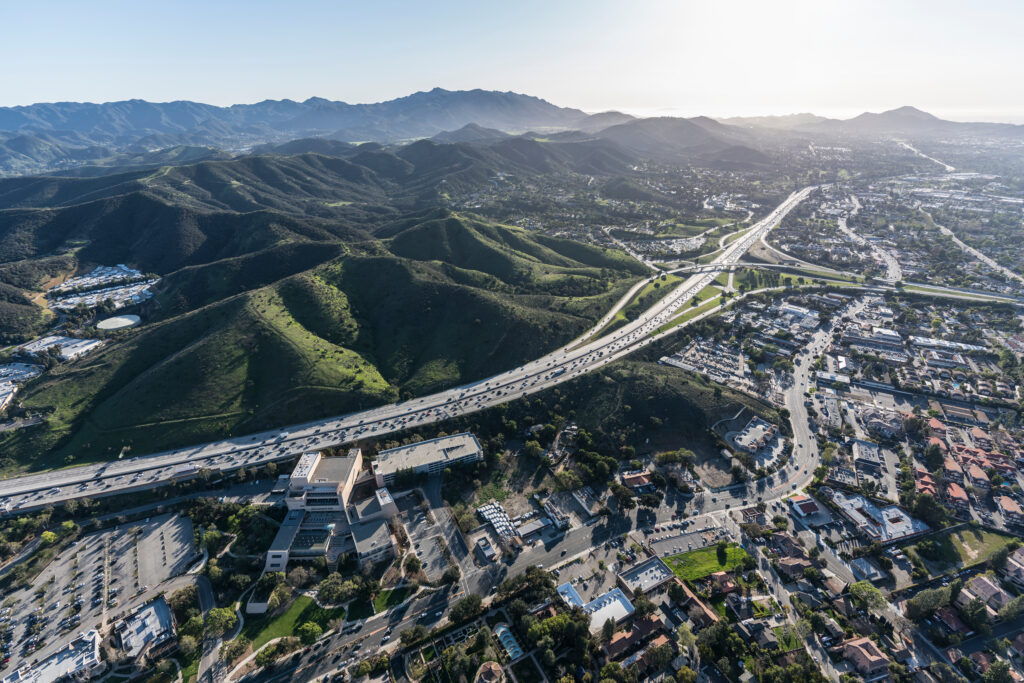 Aerial view of Ventura 101 freeway and suburban Thousand Oaks